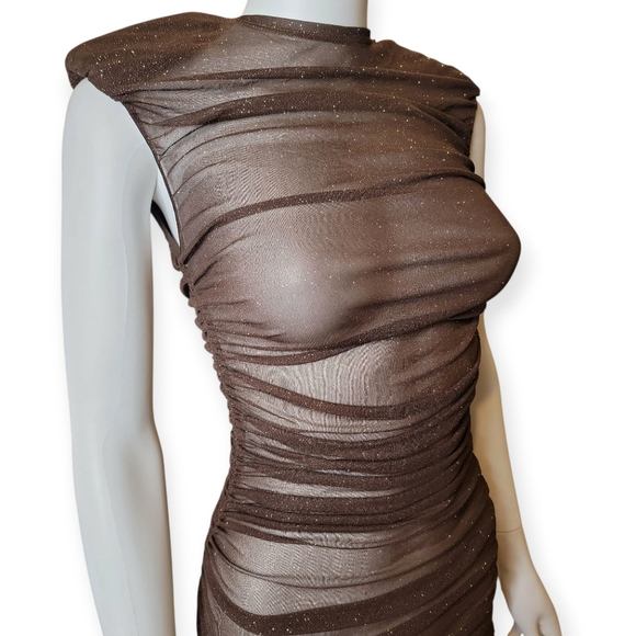 $550 NWT BRONX & BANCO Maya Brown Mesh Glitter Ruched Dress Small - Picture 3 of 7